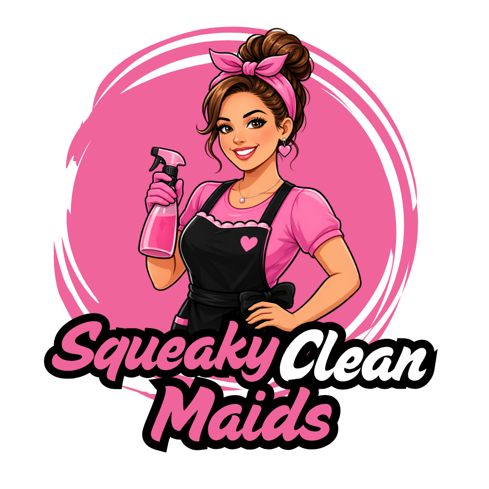 Squeaky Clean Maids cleaning mascot holding a spray bottle